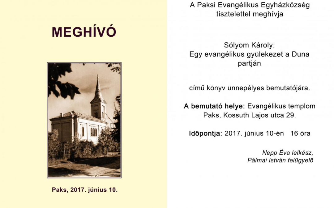 Meghívó Sólyom Károly: Egy evangélikus gyülekezet a Duna partján könyvbemutatójára